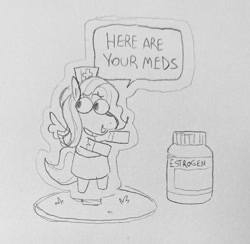 Size: 1008x982 | Tagged: safe, artist:punkittdev, imported from derpibooru, fluttershy, pegasus, semi-anthro, dialogue, estrogen, female, grayscale, mare, monochrome, nurse outfit, pencil drawing, pill bottle, solo, speech bubble, traditional art