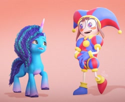 Size: 1324x1080 | Tagged: safe, artist:makaryo, imported from derpibooru, human, pony, unicorn, 3d, crossover, duo, female, g5, hat, jester, jester hat, looking at each other, looking at someone, mare, misty brightdawn, open mouth, open smile, pomni, smiling, smiling at each other, the amazing digital circus