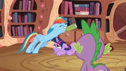 Size: 1920x1080 | Tagged: safe, imported from derpibooru, screencap, rainbow dash, spike, twilight sparkle, dragon, pegasus, pony, unicorn, read it and weep, season 2, book, bookshelf, context is for the weak, female, golden oaks library, long neck, mare