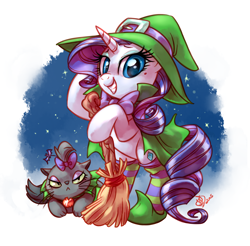 Size: 2950x2900 | Tagged: safe, artist:diamonddusted, artist:whitediamonds, imported from derpibooru, opalescence, rarity, cat, pony, unicorn, beauty mark, bipedal, broom, clothes, costume, duo, female, g4, grin, hat, high res, horn, looking at you, mare, nightmare night, nightmare night costume, signature, smiling, smiling at you, socks, striped socks, witch