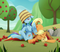 Size: 2048x1770 | Tagged: safe, artist:applesartt, imported from derpibooru, applejack, rainbow dash, earth pony, pegasus, pony, my little pony 'n friends, rescue at midnight castle, apple, apple tree, applejack's hat, belly, bucket, cowboy hat, cute, dashabetes, duo, duo female, eyebrows, eyes closed, female, floppy ears, flower, food, freckles, g1, g4, grass, grin, hat, jackabetes, lesbian, mare, outdoors, partially open wings, rainbow dash is not amused, ship:appledash, shipping, signature, sitting, smiling, tree, unamused, underhoof, wings