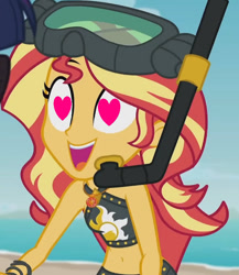 Size: 625x721 | Tagged: safe, edit, edited screencap, imported from derpibooru, screencap, sunset shimmer, equestria girls, equestria girls series, unsolved selfie mysteries, belly button, bikini babe, black bikini, clothes, cropped, heart, heart eyes, leather, snorkel, sunset shimmer swimsuit, sunset shimmer's beach shorts swimsuit, swimsuit, wingding eyes