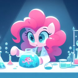 Size: 1024x1024 | Tagged: safe, artist:pinkiepiepics, imported from derpibooru, pinkie pie, earth pony, pony, ai content, ai generated, bubble, female, science, underwater, water