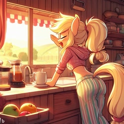 Size: 1024x1024 | Tagged: safe, imported from derpibooru, applejack, anthro, earth pony, human, equestria girls, ai content, ai generated, apple, applebutt, ass, butt, cabinet, clothes, coffee, coffee mug, curvy, cute, eyes closed, farm, fit, food, generator:bing image creator, hoodie, humanized, kitchen, midriff, morning, mug, open mouth, pajamas, pants, plot, ponified humanized pony, ponytail, pretty, prompter:evergreen, sink, sleepy, sun, sunlight, sweet apple acres, tail, thin, tired, window, yawn