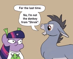 Size: 1250x1000 | Tagged: safe, artist:potes, twilight sparkle, oc, donkey, pony, unicorn, clothes, dialogue, female, horn, male, mare, pale belly, shirt, shrek, simple background, twiggie