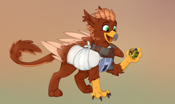 Size: 1630x964 | Tagged: safe, artist:rutkotka, imported from derpibooru, oc, oc only, oc:pavlos, griffon, broken bone, broken wing, cast, chestnut, clothes, colored wings, eared griffon, gradient background, griffon oc, happy, injured, one wing out, simple background, sling, sweater, wing fluff, wings