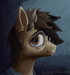 Size: 3250x3500 | Tagged: safe, artist:calebpedigo, imported from derpibooru, oc, oc only, oc:angel butter, earth pony, pony, bust, ear piercing, earring, glasses, high res, jewelry, looking at you, male, piercing, round glasses, signature, smiling, smiling at you, solo, stallion