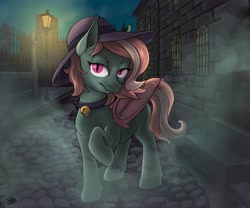 Size: 3000x2500 | Tagged: safe, artist:potes, oc, oc only, bat pony, pony, bat wings, bell, bell collar, cobblestone street, collar, fangs, female, folded wings, hat, lidded eyes, looking at you, mare, mist, night, raised hoof, slit pupils, solo, streetlight, wings