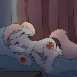 Size: 4000x4000 | Tagged: safe, artist:datte-before-dawn, nurse redheart, earth pony, pony, bed, curtains, female, hat, mare, nurse hat, open mouth, pillow, sleeping, solo, underhoof