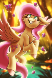 Size: 2000x3000 | Tagged: safe, artist:shad0w-galaxy, imported from derpibooru, fluttershy, butterfly, firefly (insect), insect, pegasus, pony, blushing, chest fluff, cute, ear fluff, female, flying, forest, grass, grin, high res, hooves, looking up, mare, pond, shyabetes, smiling, solo, tree, unshorn fetlocks, water