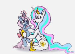 Size: 1592x1160 | Tagged: safe, artist:terra0940, derpibooru exclusive, imported from derpibooru, princess celestia, princess serena, alicorn, earth pony, bow, cute, duo, duo female, female, g1, g4, generational ponidox, hat, mare, mlp fim's thirteenth anniversary, party hat, simple background, tail, tail bow, wand, white background