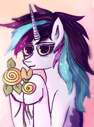 Size: 711x960 | Tagged: safe, artist:glazebittersweet, imported from derpibooru, oc, oc:evening lake, pony, unicorn, big eyes, digital art, female, flower, gift art, hooves, horn, light skin, pink background, shiny, simple background, spots, spotted, tricolor mane, unicorn oc, yellow eyes