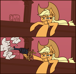 Size: 2212x2160 | Tagged: safe, artist:cowsrtasty, applejack, pony, gun, handgun, image, looney tunes, meme, parody, png, ponified, revolver, solo, weapon