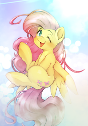 Size: 1668x2388 | Tagged: safe, artist:kurogewapony, imported from derpibooru, fluttershy, pegasus, pony, blushing, bokeh, crepuscular rays, female, looking at you, mare, one eye closed, smiling, solo, sunshine, wink, winking at you