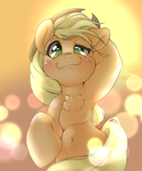 Size: 1668x2001 | Tagged: safe, artist:kurogewapony, imported from derpibooru, applejack, earth pony, pony, semi-anthro, blushing, bokeh, chest fluff, female, hooves behind head, looking at you, mare, simple background, smiling, smiling at you, solo