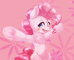 Size: 1763x1421 | Tagged: safe, artist:kurogewapony, imported from derpibooru, pinkie pie, earth pony, pony, semi-anthro, belly, blushing, chest fluff, female, hooves out, looking at you, mare, round belly, smiling, smiling at you, solo, underhoof