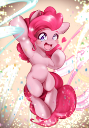 Size: 1668x2388 | Tagged: safe, artist:kurogewapony, imported from derpibooru, pinkie pie, earth pony, pony, semi-anthro, belly, blushing, female, heart, looking at you, mare, round belly, smiling, solo