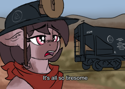 Size: 1488x1063 | Tagged: safe, artist:reddthebat, imported from derpibooru, oc, oc only, oc:number nine, earth pony, pony, bandana, bust, dialogue, empire of dust, female, floppy ears, helmet, mare, mining helmet, solo, train car