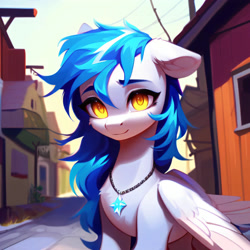 Size: 3072x3072 | Tagged: safe, imported from derpibooru, oc, oc only, oc:sky slicer, pegasus, pony, ai content, ai generated, blue mane, chest fluff, female, generator:purplesmart.ai, generator:stable diffusion, glowing, glowing eyes, jewelry, looking at you, mare, messy mane, necklace, pegasus oc, prompt in description, prompter:skyslicer, sad smile, solo, white body, wings, yellow eyes