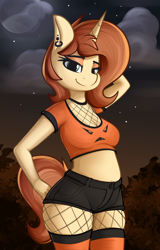 Size: 1298x2026 | Tagged: safe, artist:andelai, imported from derpibooru, oc, oc:celice, anthro, unicorn, clothes, female, fishnets, halloween, holiday, piercing, shirt, shorts, socks, solo, t-shirt, thigh highs, wide hips