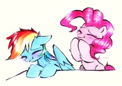 Size: 2390x1671 | Tagged: safe, artist:liaaqila, imported from derpibooru, pinkie pie, rainbow dash, earth pony, pegasus, pony, duo, laughing, reaction image, simple background, stifling laughter, traditional art, white background