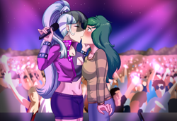 Size: 620x427 | Tagged: safe, artist:thebrokencog, imported from derpibooru, coloratura, wallflower blush, equestria girls, blushing, blushing profusely, breasts, busty coloratura, busty wallflower blush, cleavage, clothes, crack shipping, crowd, eyeshadow, female, kiss on the lips, kissing, lesbian, makeup, microphone, shipping, shorts, sweater, veil