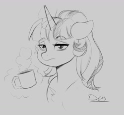 Size: 1696x1574 | Tagged: safe, artist:thelunarmoon, imported from derpibooru, twilight sparkle, pony, unicorn, bust, coffee mug, female, floppy ears, grayscale, levitation, lidded eyes, magic, mare, monochrome, mug, solo, telekinesis, tired