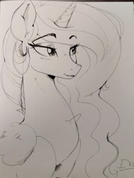 Size: 1536x2048 | Tagged: safe, artist:thelunarmoon, imported from derpibooru, princess celestia, alicorn, pony, bust, eyebrows, eyebrows visible through hair, female, grayscale, lidded eyes, mare, monochrome, smiling, solo