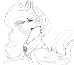 Size: 1200x1062 | Tagged: safe, artist:thelunarmoon, imported from derpibooru, princess celestia, alicorn, pony, eyebrows, eyebrows visible through hair, female, grayscale, lidded eyes, looking at you, mare, monochrome, simple background, smiling, smiling at you, solo, white background