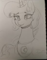 Size: 1586x2048 | Tagged: safe, artist:thelunarmoon, imported from derpibooru, princess luna, alicorn, pony, bust, female, freckles, grin, lidded eyes, mare, smiling, solo, traditional art