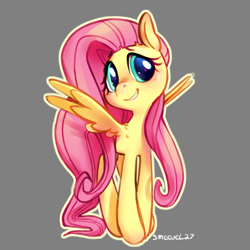 Size: 1919x1919 | Tagged: safe, artist:smeevel27, imported from derpibooru, fluttershy, pegasus, pony, blushing, cute, female, gray background, looking at you, mare, shyabetes, signature, simple background, smiling, smiling at you, solo, spread wings, wings