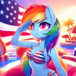 Size: 1024x1024 | Tagged: safe, imported from derpibooru, rainbow dash, anthro, ai content, ai generated, american flag, american flag bikini, bikini, clothes, female, salute, swimsuit, united states