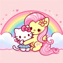 Size: 1024x1024 | Tagged: safe, imported from derpibooru, fluttershy, pegasus, ai content, ai generated, bow, cute, flower, heart, hello kitty, hug, pink background, rainbow background, simple background