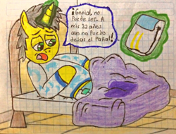 Size: 2820x2146 | Tagged: safe, artist:bitter sweetness, imported from derpibooru, oc, oc only, oc:bitter sweetness, abdl, adult foal, bed, blanket, clothes, diaper, diaper fetish, fetish, glowing, glowing horn, graph paper, green eyes, horn, levitation, lying down, lying on bed, magic, male, mattress, non-baby in diaper, on bed, open mouth, spanish, spanish description, spanish text, speech bubble, stallion, stallion oc, telekinesis, traditional art, translated in the description, wet the bed, wooden floor