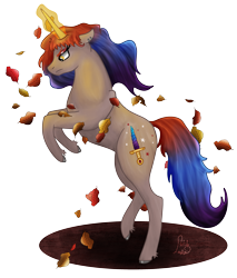 Size: 2853x3352 | Tagged: safe, artist:loopina, imported from derpibooru, oc, oc:precious ruby, unicorn, autumn, cutie mark, female, leaf, magic, mare, simple background, solo, transparent background