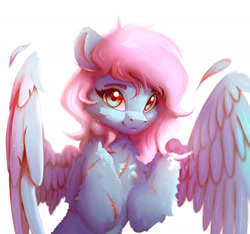 Size: 1981x1854 | Tagged: safe, artist:itssim, imported from derpibooru, oc, oc only, oc:vesperal breeze, pegasus, pony, commission, eyebrows, feather, female, fluffy, looking at you, mare, pegasus oc, scar, self harm, self harm scars, simple background, smiling, smiling at you, solo, spread wings, white background, wings