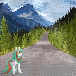 Size: 3200x3200 | Tagged: safe, artist:cupute, imported from derpibooru, oc, unicorn, cloud, cloudy, gusty winds, mountain, mountain range, pixel art, scenery, scenery porn, tree