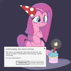 Size: 887x889 | Tagged: artist needed, source needed, safe, imported from derpibooru, pinkie pie, earth pony, pony, birthday, candle, cupcake, error message, female, fire, food, frown, hat, mare, meme, microsoft, microsoft windows, party hat, pinkamena diane pie, ponified animal photo, ponified meme, reality ensues, regret, sad, sitting, solo