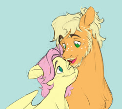 Size: 1280x1147 | Tagged: safe, artist:chub-wub, imported from derpibooru, applejack, fluttershy, earth pony, pegasus, pony, alternate hairstyle, applejack (male), appleshy, beard, blue background, butterjack (gay), butterscotch, cute, duo, facial hair, gay, jackabetes, looking at each other, looking at someone, male, moustache, nuzzling, one eye closed, open mouth, rule 63, ship:appleshy, shipping, shyabetes, simple background, size difference, trans male, transgender, wink