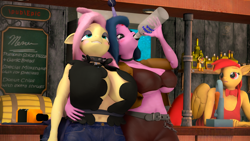 Size: 3840x2160 | Tagged: safe, artist:silkworm205, imported from derpibooru, part of a set, fluttershy, izzy moonbow, smolder, oc, oc:epiclper, anthro, pegasus, unicorn, series:13th anniversary at the pub, 3d, 4k, alcohol, anthro oc, bartender, belly button, belt, big breasts, blushing, bottle, breasts, busty fluttershy, busty izzy moonbow, clothes, colored wings, colored wingtips, drink, drinking, drunk, ear piercing, eyes closed, fluffy mane, fluffy tail, fluttergoth, folded wings, g4, g5, generational ponidox, goth, goth izzy, hand on waist, high res, horn, looking at someone, midriff, mlp fim's thirteenth anniversary, pegasus oc, piercing, plushie, pub, reasonably sized breasts, short shirt, shorts, source filmmaker, tail, tanktop, underboob, vodka, whiskey, wings, worried