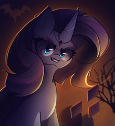 Size: 2500x2750 | Tagged: safe, artist:miryelis, imported from derpibooru, rarity, pony, unicorn, dark, female, glowing, glowing eyes, goth, halloween, holiday, horn, looking at you, mare, smiling, smiling at you, solo, standing
