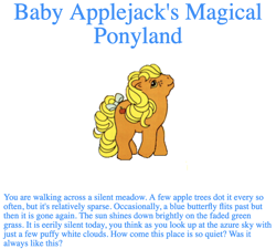Size: 1024x920 | Tagged: safe, imported from ponybooru, applejack (g1), baby applejack, earth pony, pony, 2000s, artifact, bow, female, filly, foal, g1, simple background, solo, tail bow, text, white background