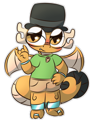 Size: 2400x3200 | Tagged: safe, artist:cushyhoof, imported from derpibooru, oc, oc only, oc:myoozik the dragon, dragon, blushing, bracelet, clothes, commission, cute, dragon oc, dragon wings, fangs, gesture, glasses, hat, jewelry, looking at you, male, necklace, non-pony oc, shirt, simple background, solo, t-shirt, transparent background, wings