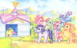 Size: 1280x800 | Tagged: safe, artist:ivy, imported from ponybooru, blossom, blue belle, butterscotch (g1), cotton candy (g1), minty (g1), snuzzle, earth pony, pony, female, g1, mare, original six, ponyland tours, show stable
