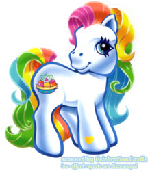 Size: 508x580 | Tagged: safe, imported from derpibooru, pony, closed mouth, female, fun days in ponyville: storybook and playset, g3, hoof heart, looking at you, mare, multicolored hair, official, prototype, rainbow hair, scanned, simple background, smiling, solo, standing, stock vector, text, turned head, underhoof, unknown pony, unnamed character, unnamed pony, white background