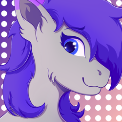 Size: 2512x2505 | Tagged: safe, artist:autumnsfur, imported from derpibooru, oc, oc only, oc:glitter stone, earth pony, pony, blue eyes, bust, earth pony oc, female, grey fur, long hair, long mane, looking at someone, mare, pony oc, purple eyes, purple hair, purple mane, side view, simple background, smiling