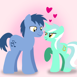 Size: 1400x1400 | Tagged: safe, artist:mlplary6, imported from derpibooru, blues, lyra heartstrings, noteworthy, earth pony, pony, unicorn, boyfriend and girlfriend, female, heart, looking at each other, looking at someone, love, male, mare, ship:lyraworthy, shipping, smiling, smiling at each other, stallion, straight