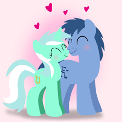 Size: 1400x1400 | Tagged: safe, artist:mlplary6, imported from derpibooru, blues, lyra heartstrings, noteworthy, earth pony, pony, unicorn, boyfriend and girlfriend, eyes closed, female, heart, love, male, mare, nuzzling, ship:lyraworthy, shipping, smiling, stallion, straight