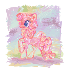 Size: 1307x1369 | Tagged: safe, artist:webkinzworldz, imported from derpibooru, pinkie pie, earth pony, pony, abstract background, female, glitter, glittery pinkie pie, glittery pony, mare, reference in the description, solo, toy interpretation, walking