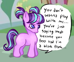 Size: 690x576 | Tagged: safe, artist:phantarays, imported from derpibooru, starlight glimmer, pony, unicorn, blank flank, bronybait, dialogue, female, filly, filly starlight glimmer, foal, g4, sad, younger